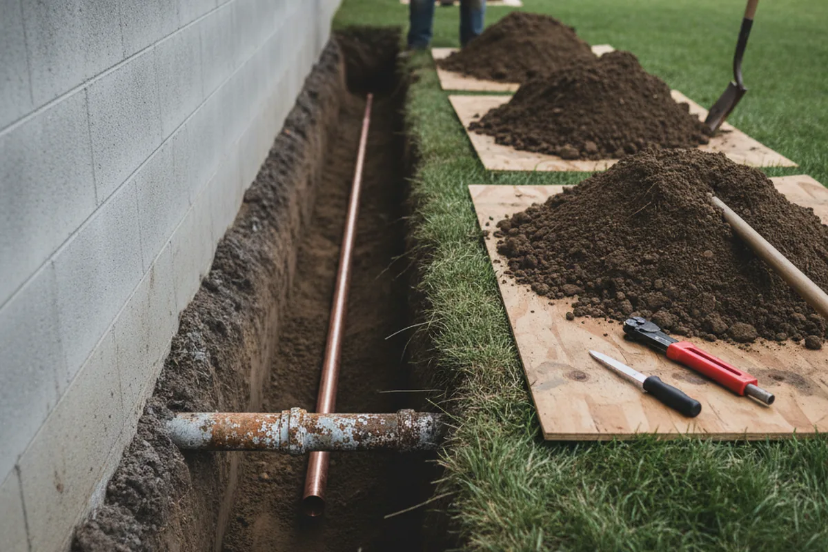 Excavated water line trench during Water Heater Repair in Hickory